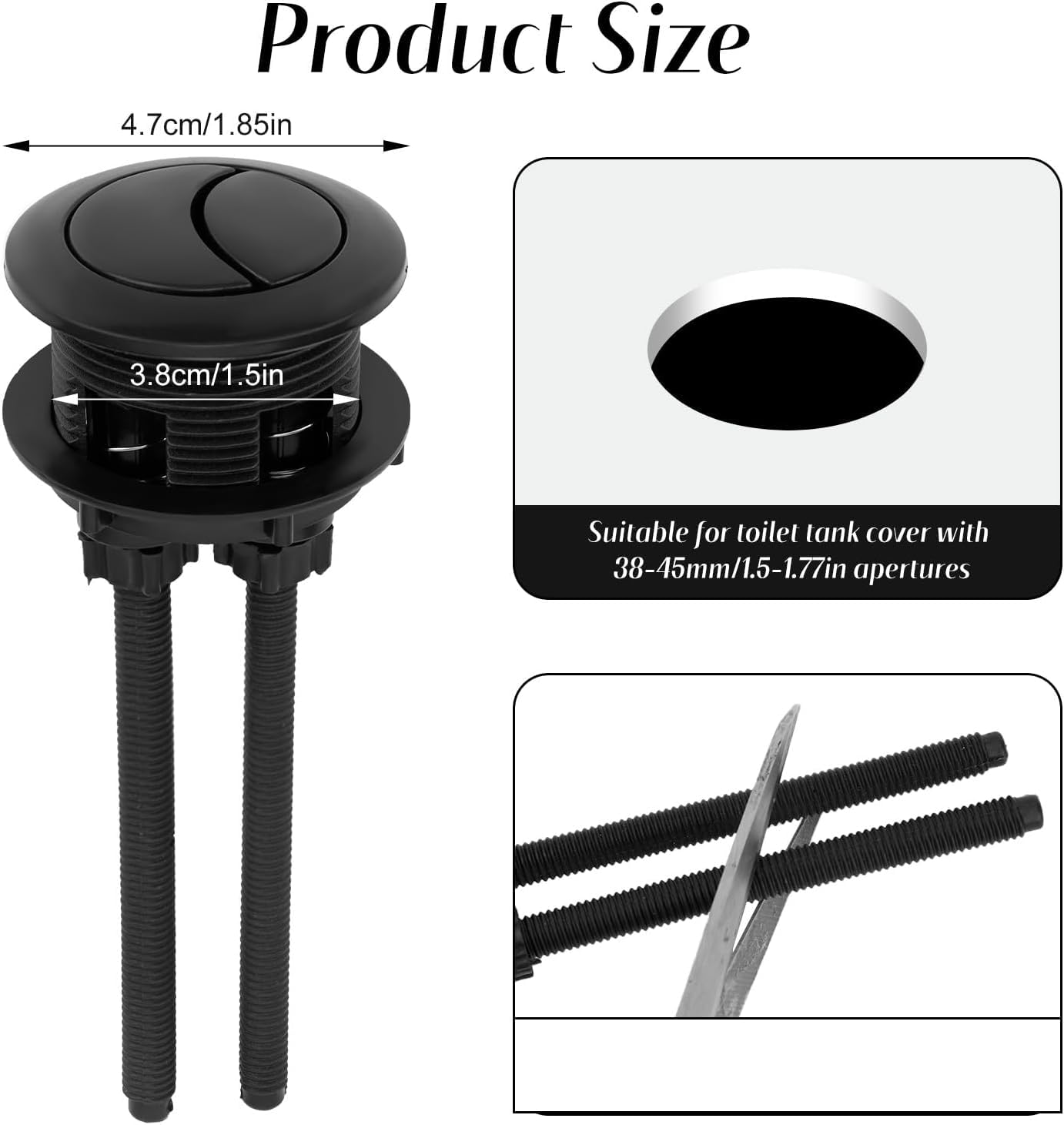Botón Descarga Inodoro Repuesto 38mm, Pulsador Doble Descarga Ajustable para Abertura 38-45mm Tanque Universal Pieza de Reparación para Baño del Hogar (Negro)