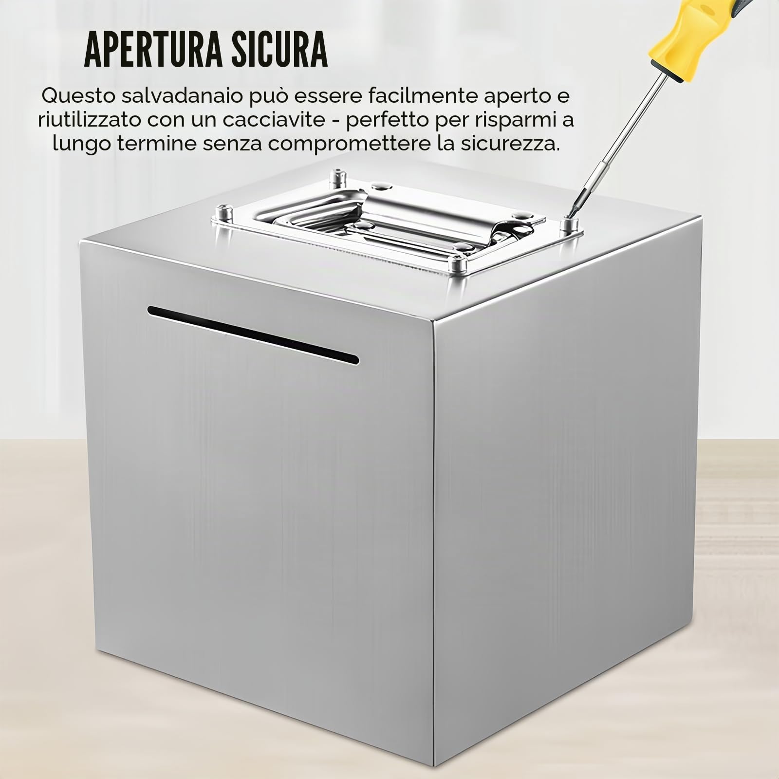 Salvadanaio per adulti grande in acciaio inox, metallo con maniglia, fessura per monete, 15 x 15 cm
