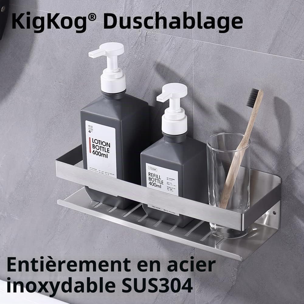 Étagère de Douche sans Perçage, Étagère de Douche Auto-adhésif,SUS304 Acier Inoxydable Adhésive Panier de Douche Nickel Brossé 30CM