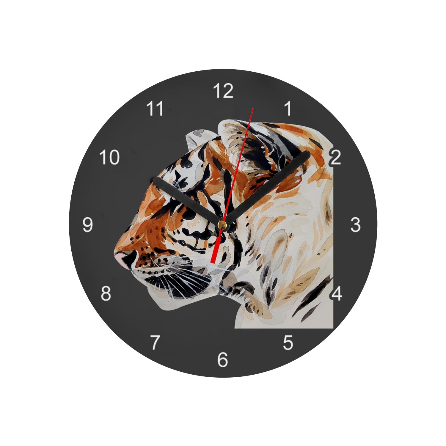 Horloge murale en verre tigre de profil 20 cm noir style illustration encre