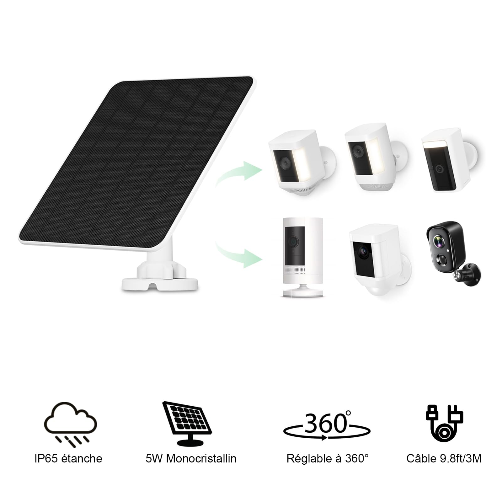 Panneau Solaire pour Caméra Ring, 5W Solaire pour Caméra pour Ring Stick Up Cam/Pro Batterie, Spotlight Cam/Plus/Pro, Wyze Batterie Pro, Chargeur Solaire pour Caméra avec 9.8ft Cable, 2 Pack