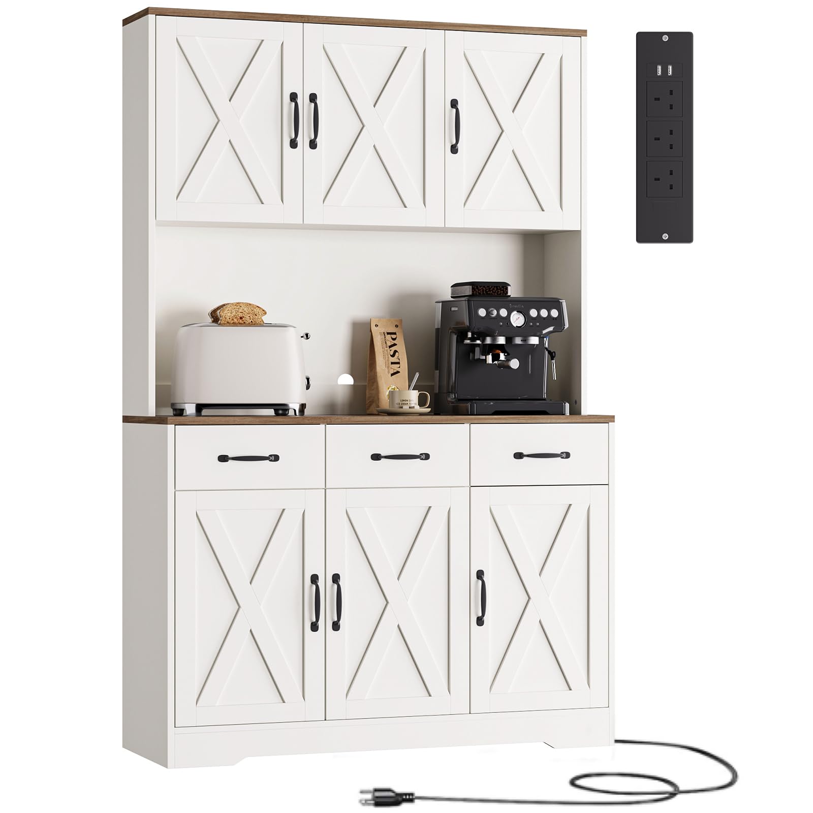 180cm Tall Pantry Cabinet with Charging Station, Large Kitchen Pantry Storage Cupboard with Adjustable Shelves, 3 Drawers & 6 Barn Doors, Wide Kitchen Hutch with Open Worktop for Dining Room, White