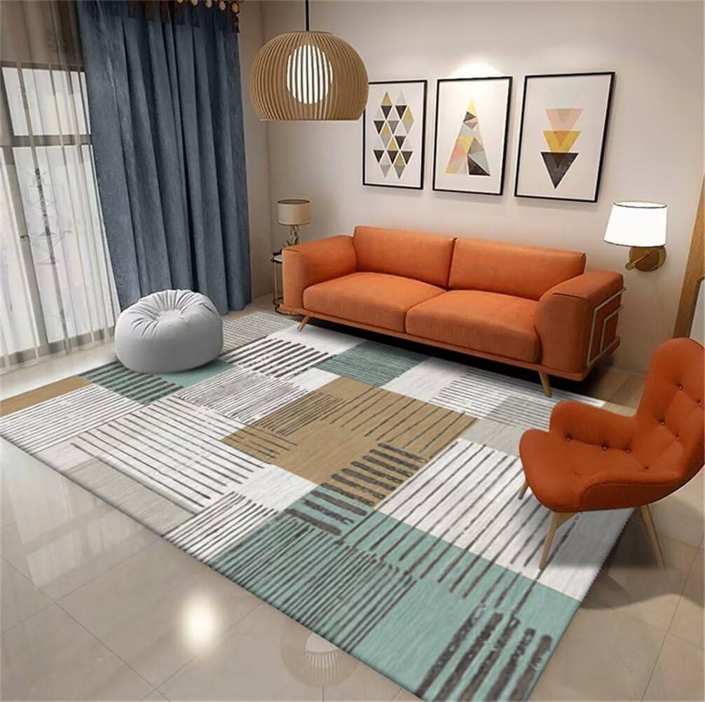 Tapis facile d'entretien gris et vert pour grand salon ou chambre d'enfant
