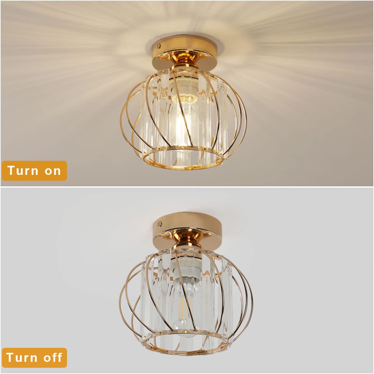 Plafonnier en Cristal Moderne E27 Mini Lustre Semi-encastré, Lampe Plafond pour Salon Chambre Entrée Couloir (Doré)