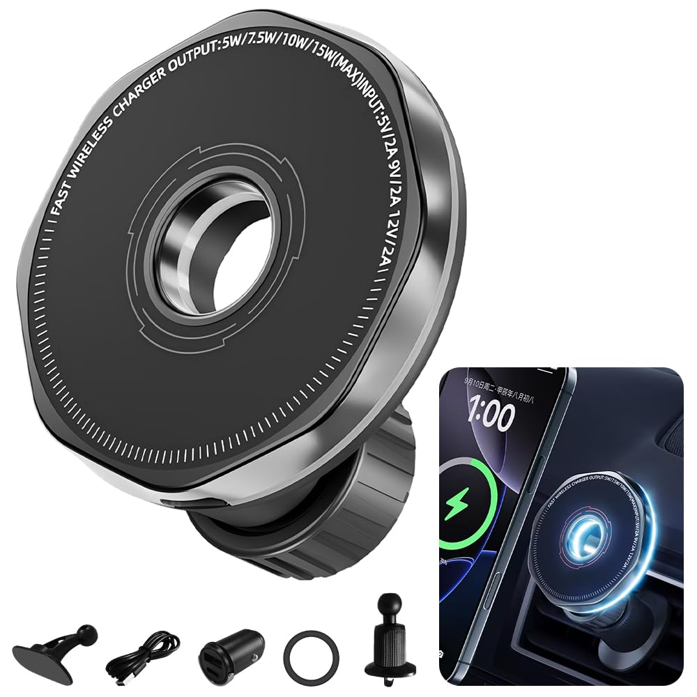 The car phone stand with adapter, magnetic 15W wireless fast charging, compatible with the entire series of iPhone12-16 and Galaxy S20-S24 Ultra with strong heat dissipation design