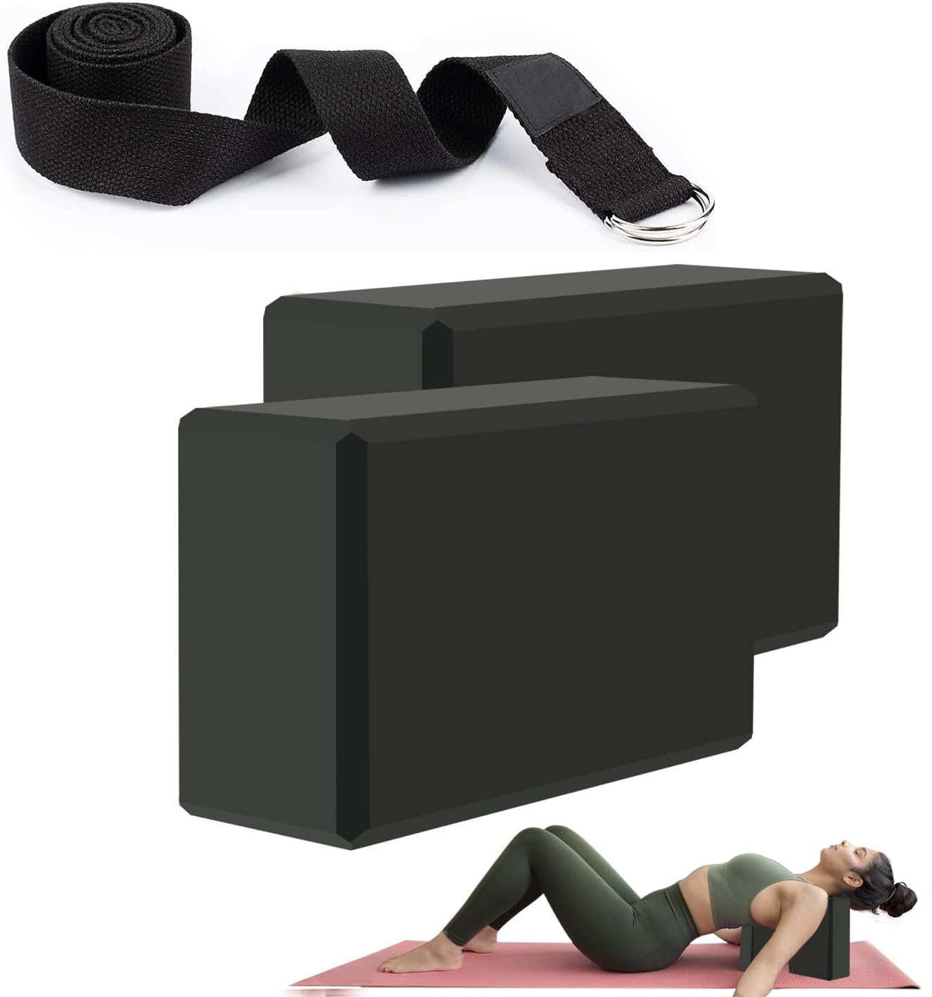 GymWar Yoga Block and Yoga Strap Set, 2 Soft Non-Slip Yoga Blocks, 8FT Metal D-Ring Strap for Yoga, General Fitness, Pilates, Stretching and Toning (Black)-image-12