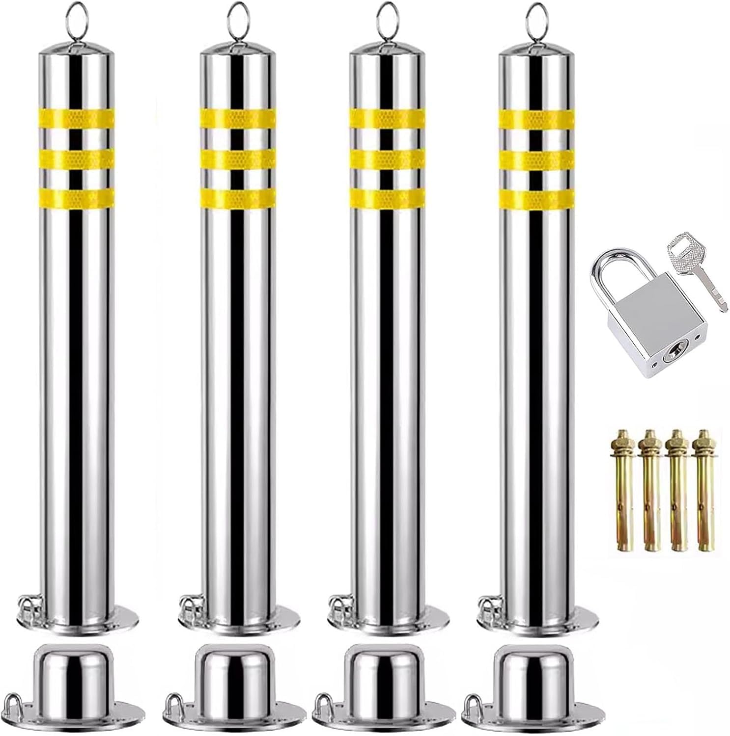 JYBNBBE Delineator Post Cone Driveway Caution Sign 24in 30in 35in 44in Driveway Security Bollards Kit, Conspicuous Removable Driveway Barrier Stanchion With Padlock, Stainless St,4 Pack-H 35inch/90cm