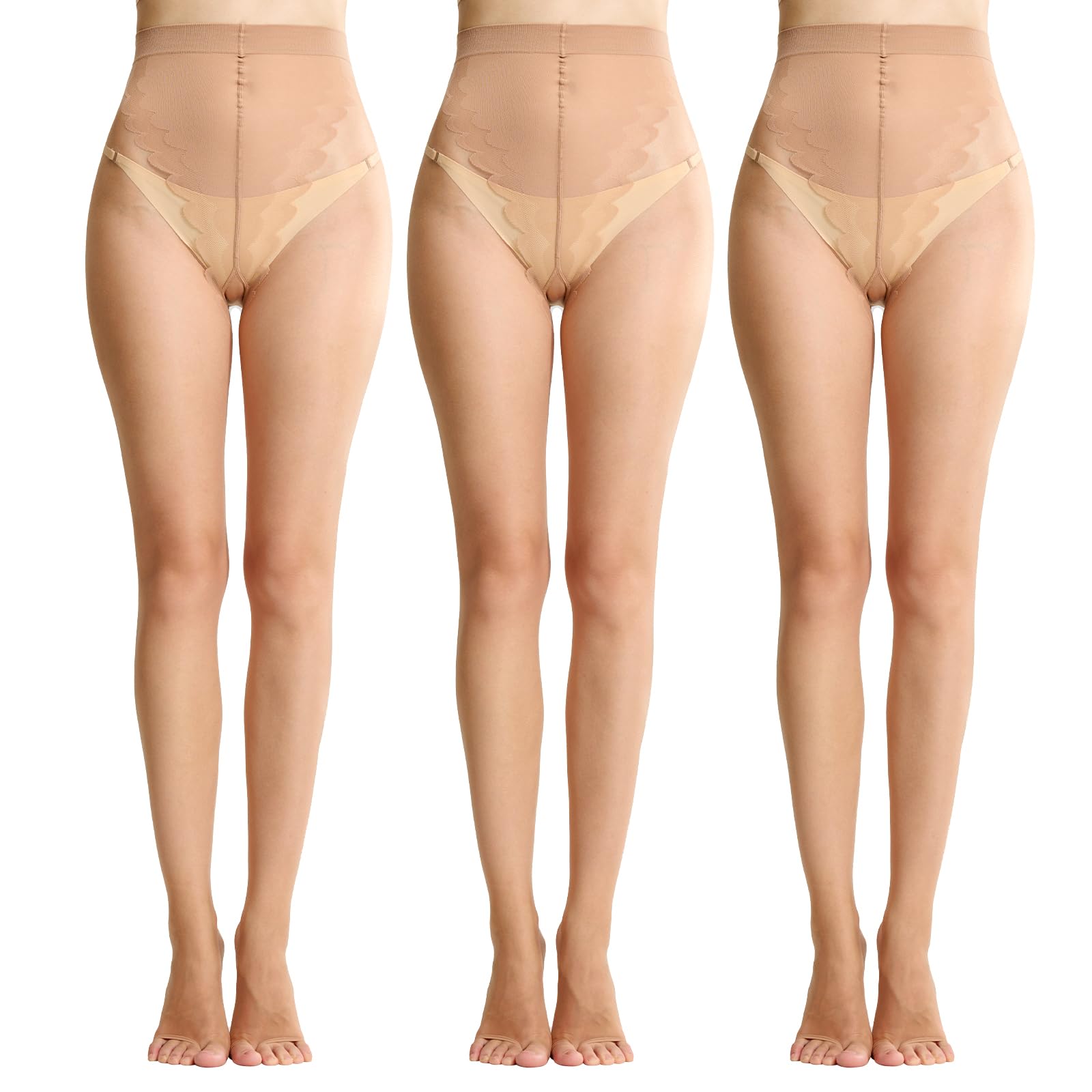 MANZI Ultra Sheer Open Toe Tights Matt Toeless Pantyhouse for Women 10D 3 Pairs Natural L