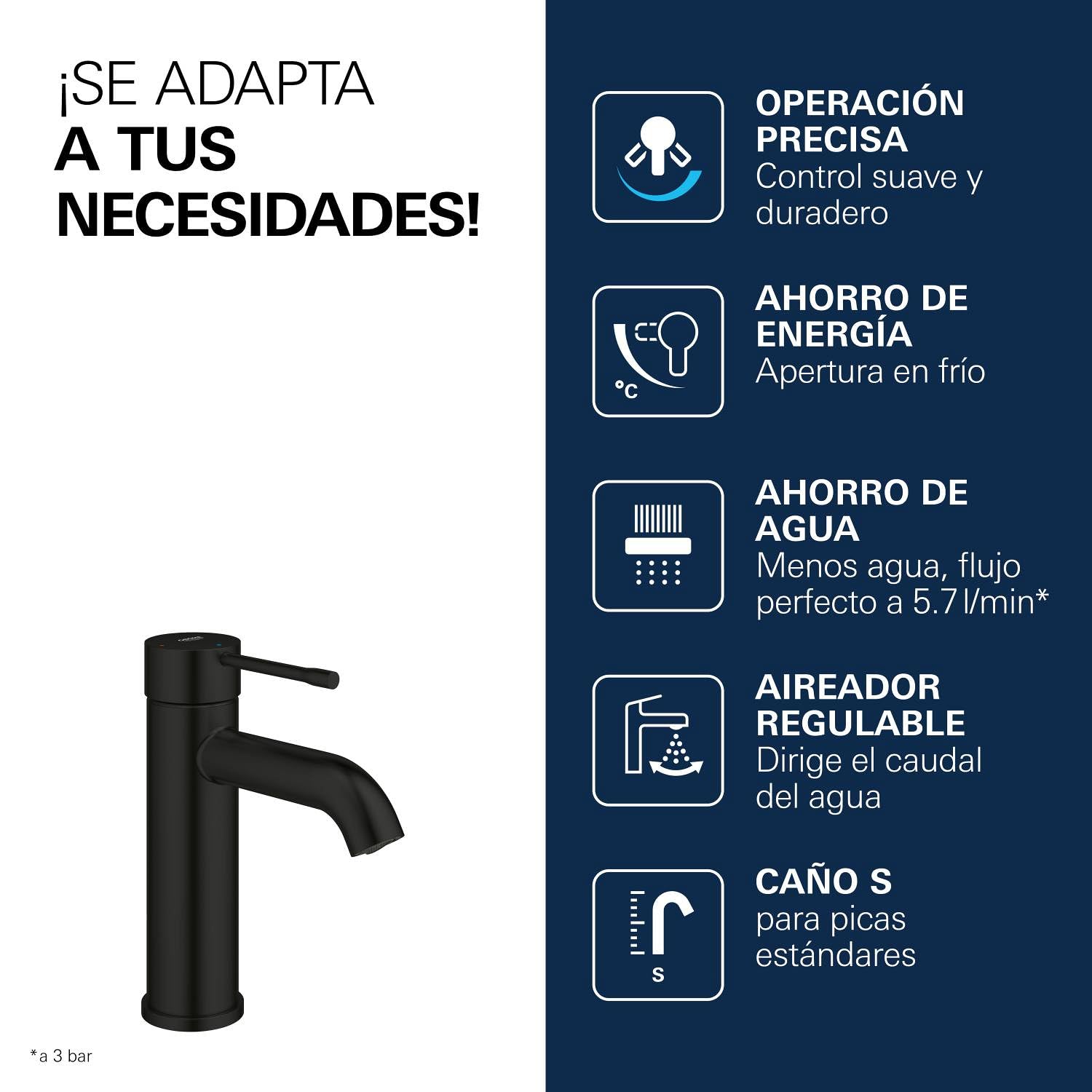 GROHE Essence – Grifo Monomando de Lavabo con Vaciado Push-Open (Tamaño S 208 mm, Palanca Metálica, Cartucho Cerámico 28 mm, Ahorro de Agua y Energía, Flexibles 3/8"), Negro Mate, 237972431