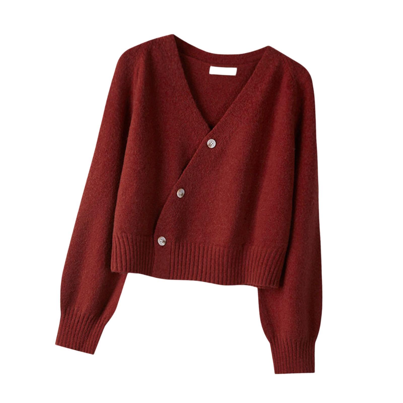 Women's Cardigan Sweater for Fall Winter Jacket Clothes V Neck Crop Cardigan Burgundy-image-4