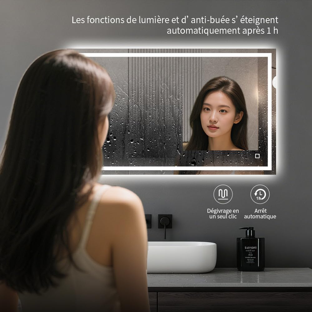 Miroir LED Réversible pour Salle de Bain 70x50 cm - Anti-Buée avec Interrupteur Tactile