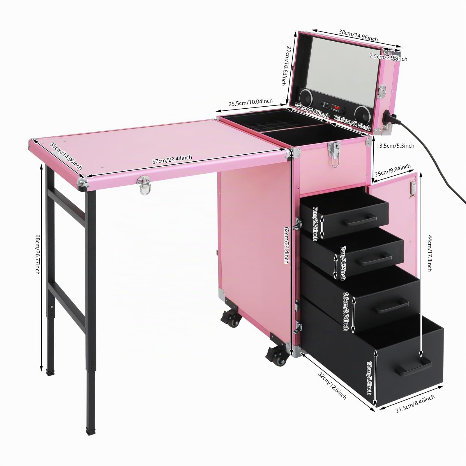 Maletín de maquillaje profesional con mesa plegable y 5 cajones, con espejos y altavoces Bluetooth, maletín de maquillaje, maletín de peluquería grande, mesa de manicura, color rosa