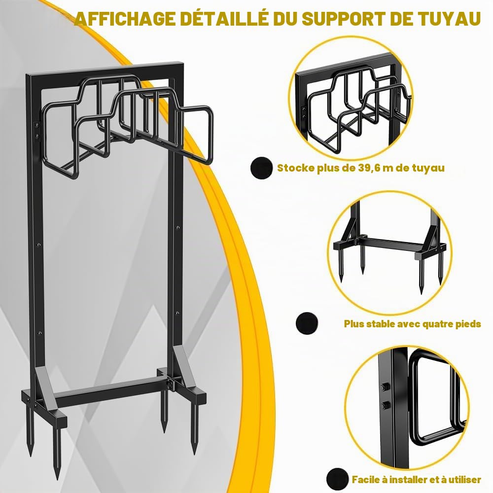 Bomclap Support de tuyau d'arrosage de 117 cm, autonome, amovible, en métal, avec panier de rangement, noir