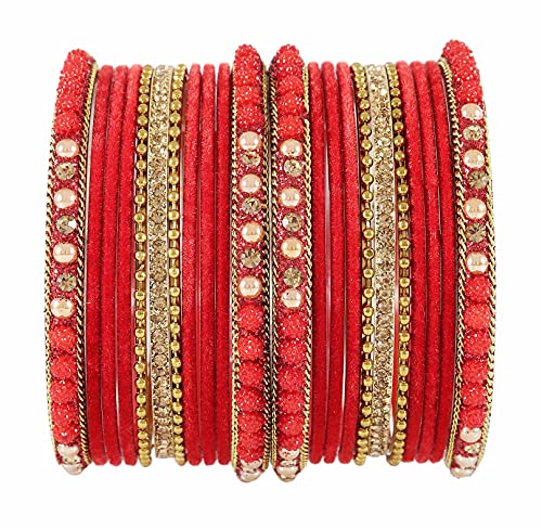 Image of NMII Metal with Zircon Gemstone, Pearls and Beads Studded Glossy Finished Bangle Set For Women and Girls