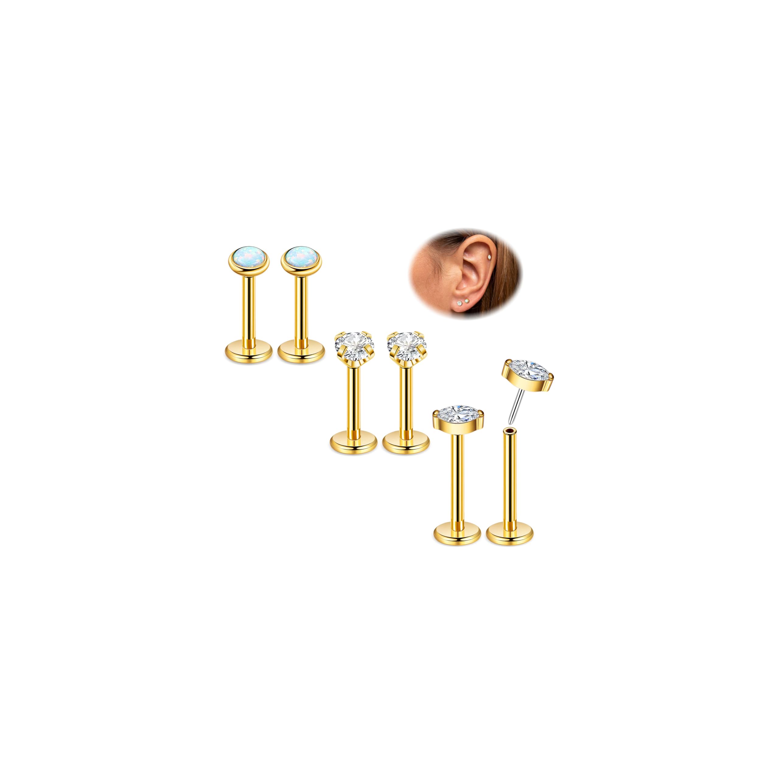 Masedy 3Pairs 16G 18G Titanium Stud Earrings for Women - Push in Cartilage Helix Tragus Studs - CZ Opal Flat Back - Lip Labret Monroe Nostril - Party,