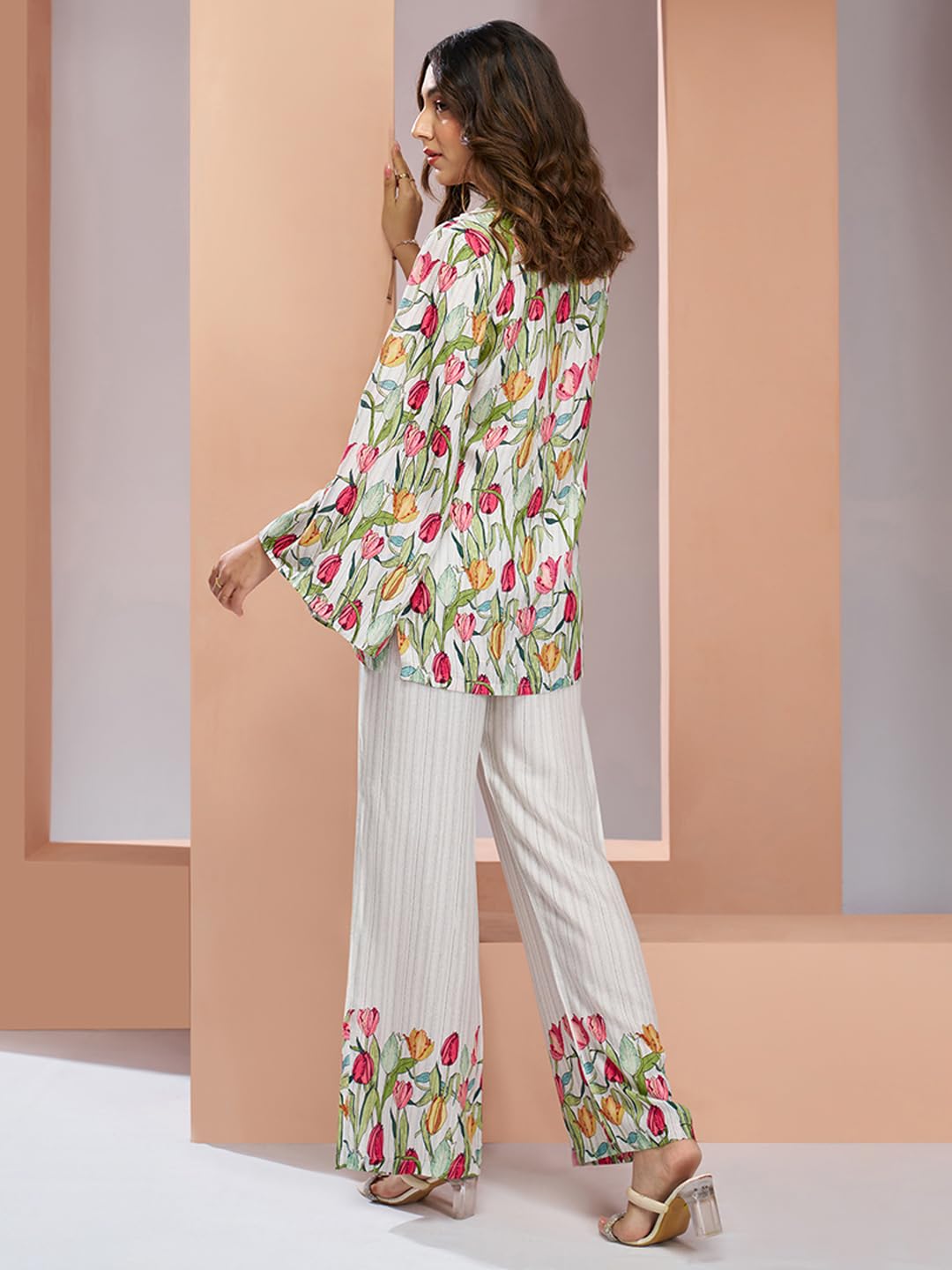 FUSIONIC Elegant White Floral Printed Co-ord Set with Stylish Tulip Motif 2