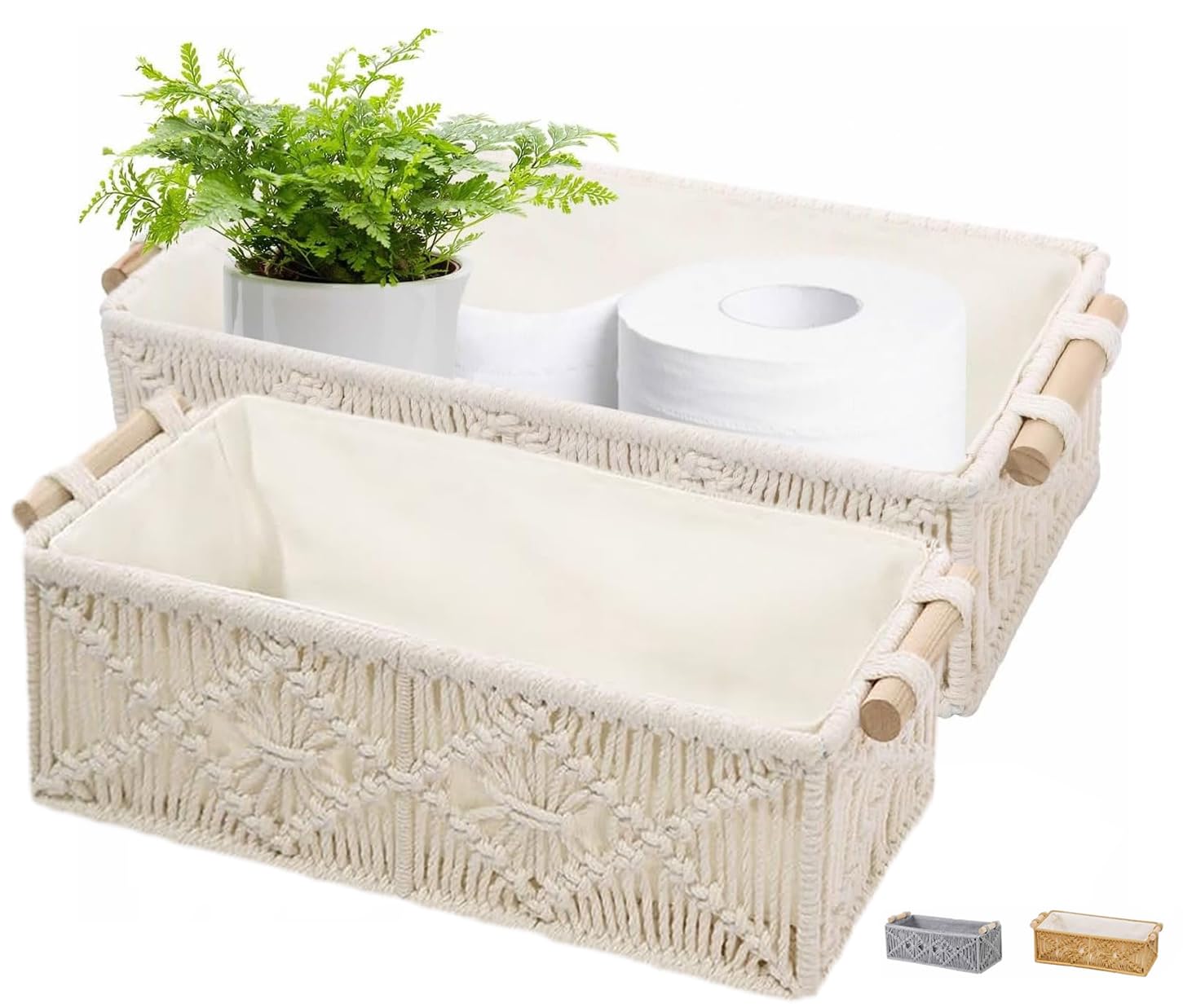 BASVII Set di 2 Cestini Portaoggetti Intrecciati, Stile Bohémien, Cestino Portaoggetti in Corda di Cotone Fatti a Mano, Può Essere Usato Come Piccolo Cestino Decorativo, Cesto Portaoggetti (Bianco)