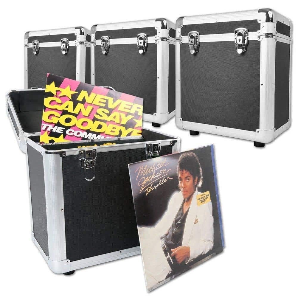 Power Dynamics RC80 Set de 4 Estuches Negros para vinilos, Capacidad para más de 240 LPs, apilables, Resistentes, Ideales para DJs, coleccionistas y Almacenamiento Seguro