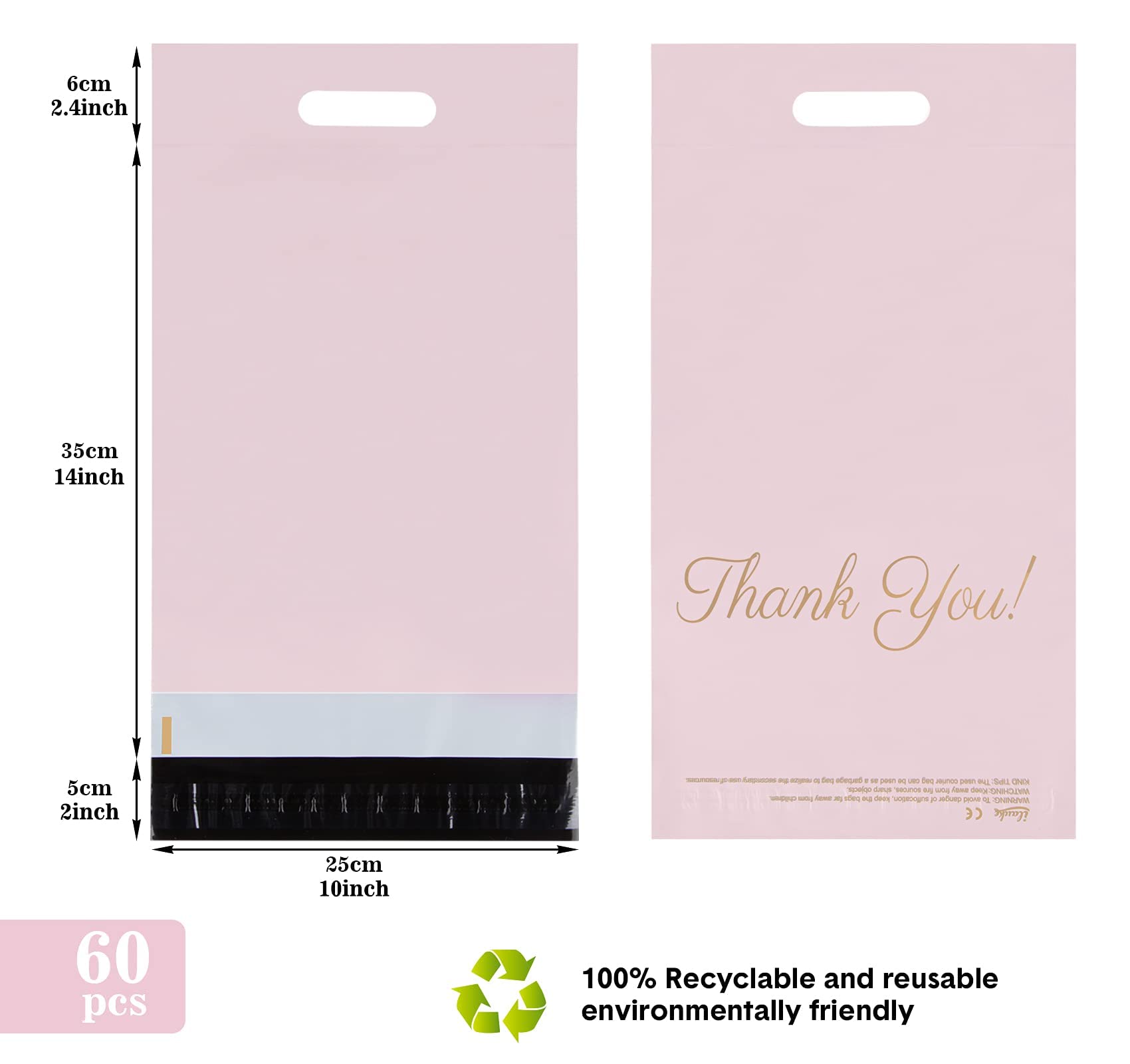 Lot de 60 sacs postaux en polyéthylène or rose de 250 x 350 mm avec poignée et inscription « Thank You » - Enveloppes étanches pour colis postaux assortis
