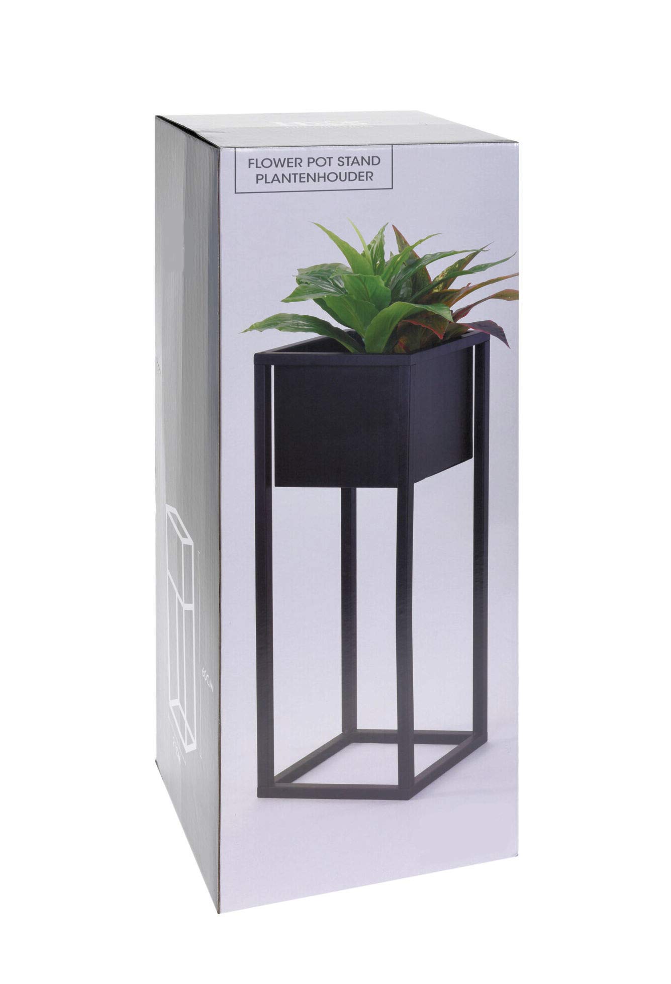 Portavaso in metallo nero con vaso nero, 70 cm, supporto quadrato