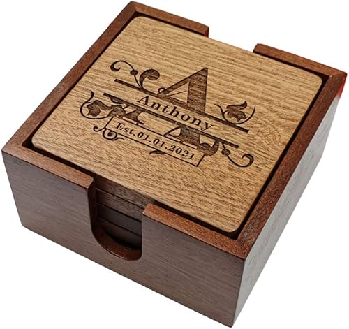 Miniatura 3 de Posavasos personalizados, posavasos de madera grabados personalizados para bebidas, posavasos con monograma con soporte, regalos de boda, regalos