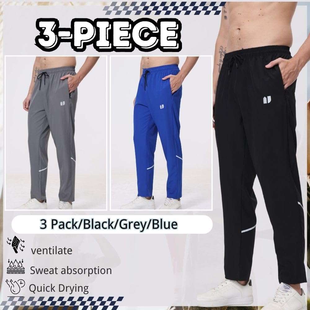 Hpbygstae Pantaloni sportivi da uomo, tasche elasticizzate con cerniera, per jogging e corsa, confezione da 3