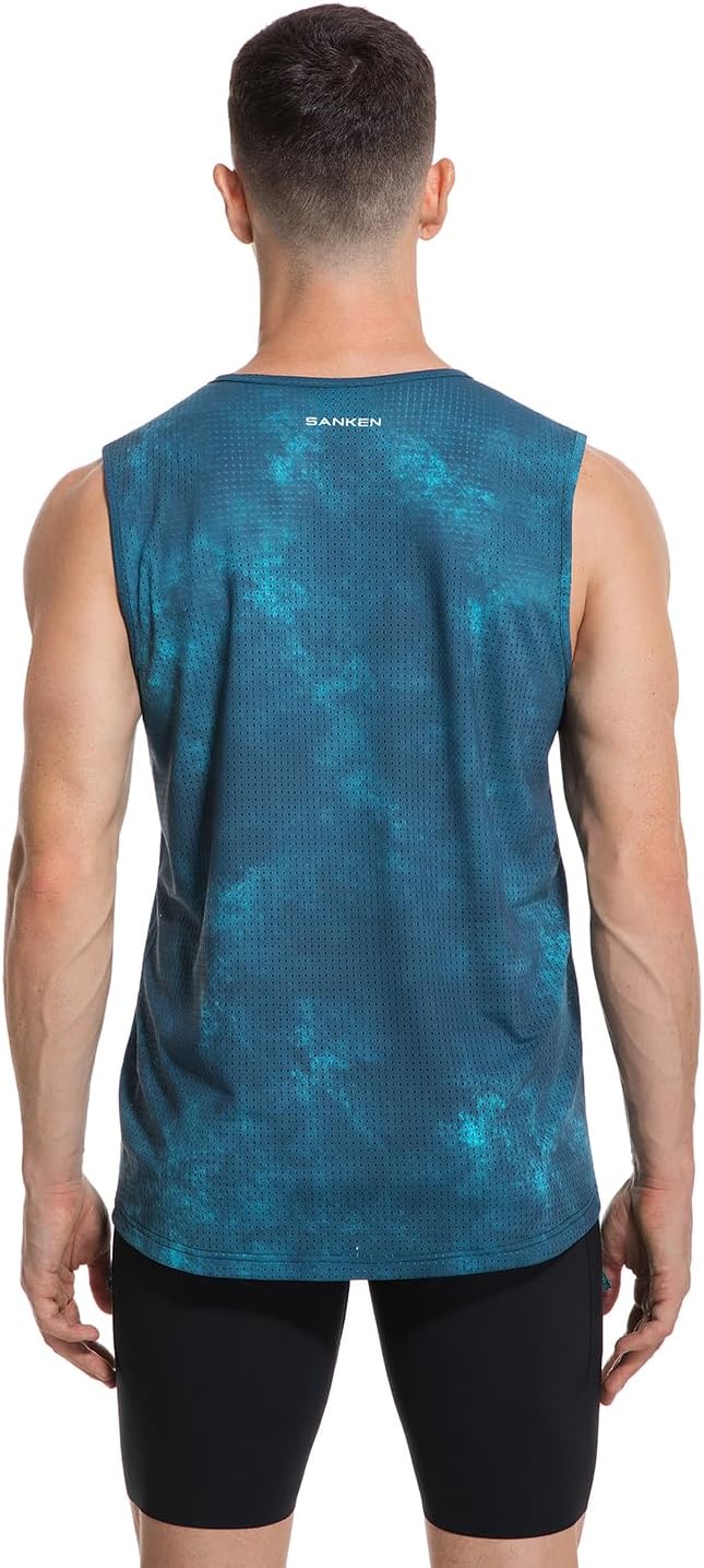 Sanken Men's Workout Tank Top Tie-Dye Blue Seamless Quick-Dry Sleeveless Workout Shirt Running Singlet Gym Marathon