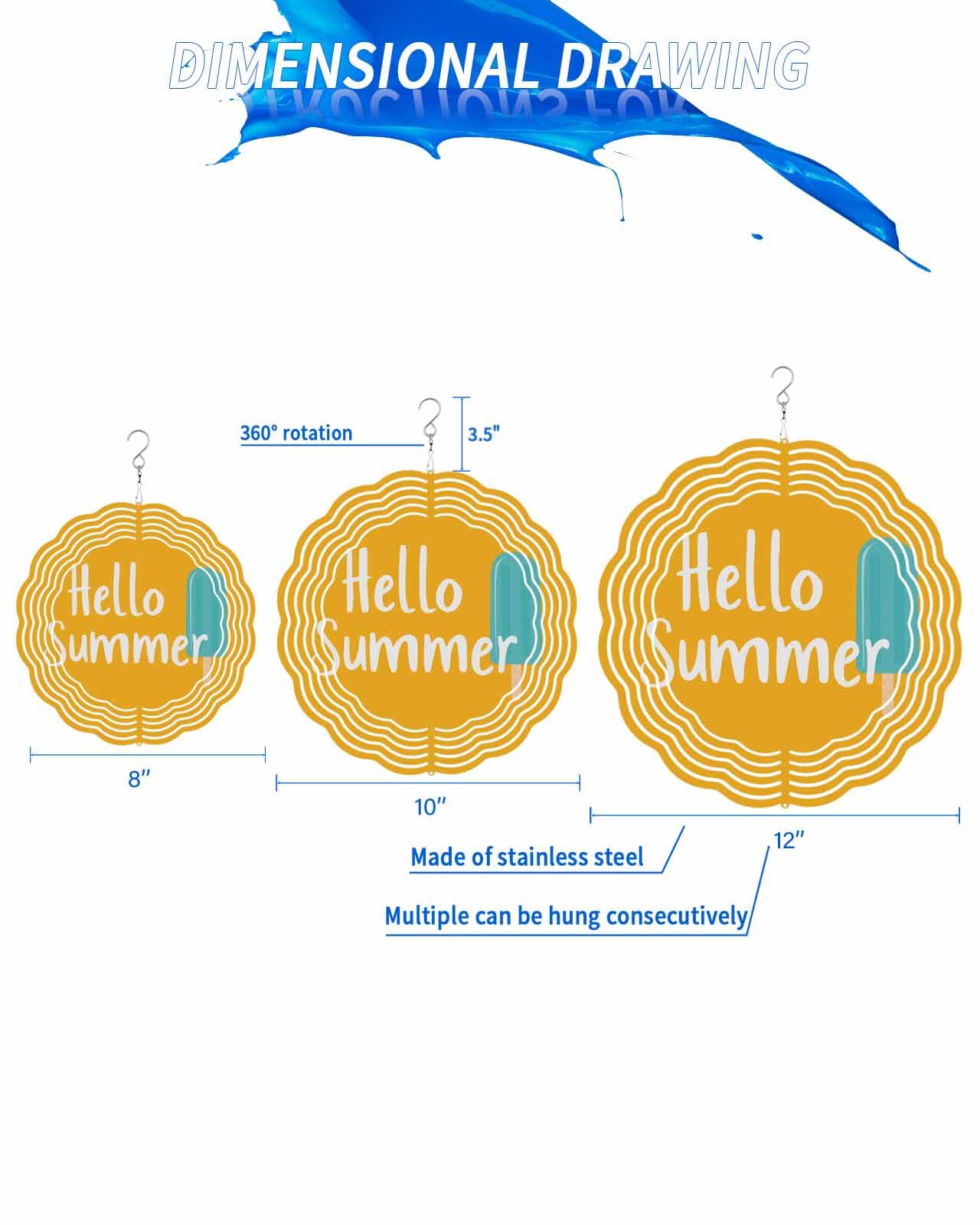 Summer Wind Spinners, Ice Cream Hanging Wind Spinners for Yard and Garden 3D Stainless Steel Metal Sculptures Crafts Ornaments 10 Inch