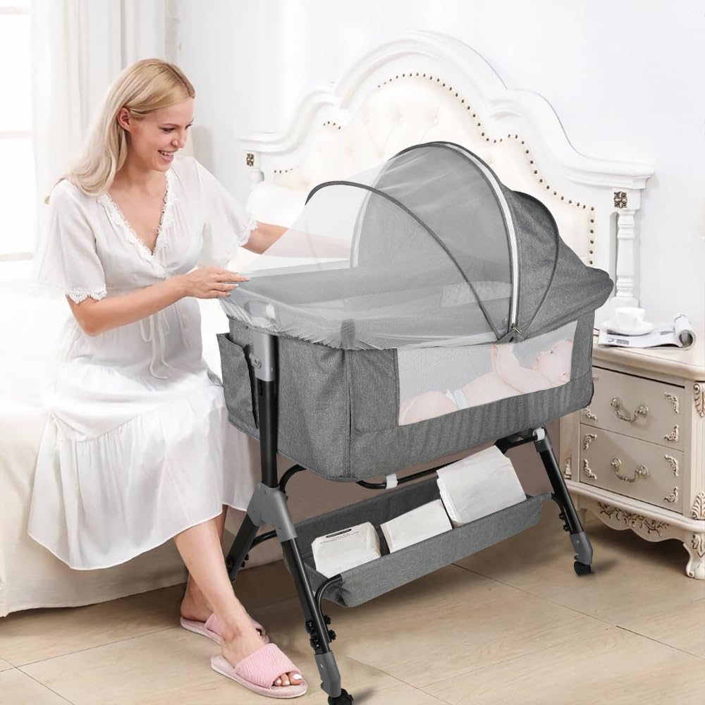 Lit Bébé Cododo - Berceau Cododo Bébé avec Matelas, Mode Bascule pour Bercer Bébé, Côté Repliable, Hauteur Réglable, Fenêtres en Filet,4 Niveaux(80-94cm (80 -84- 88- 94)),104*52*100-110 cm - gris lin