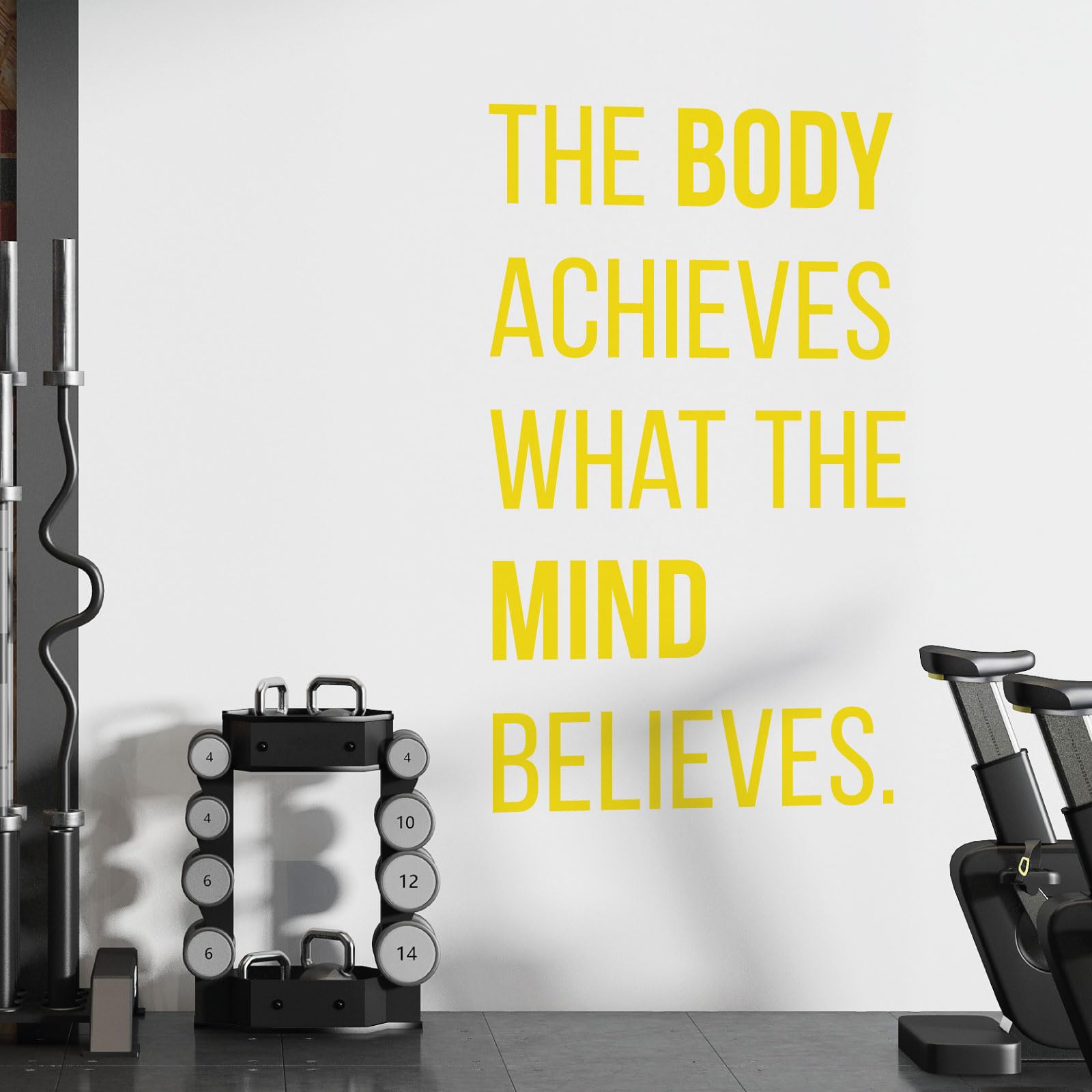 The Body Achieves What the Mind Believes - Gym Motivational Quote Decal Wall Sticker [XLarge] [Lemon]