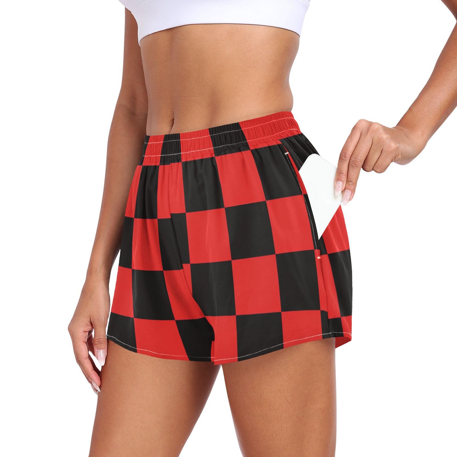 EtherSpher Light Red and Black Checkered Pattern Athletic Shorts for Women Loose&Comfy Girls Sport Shorts for Soccer Teenis Exercise Indoor Shorts deportivos para Mujer L