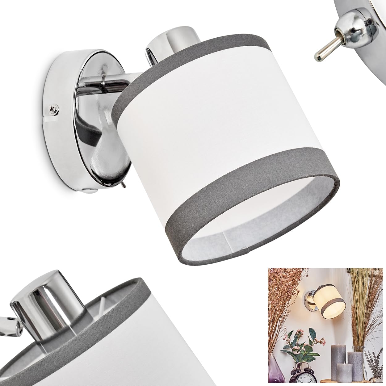 Hofstein Light/Anthracite/White Lohobe Wall Modern Wall Lamp Made Of Metal/Fabric In Chrome Colours//, Luminaire With Adjustable Fabric Shade (Ø 12 Cm), 1 1 X E14 Without Bulb