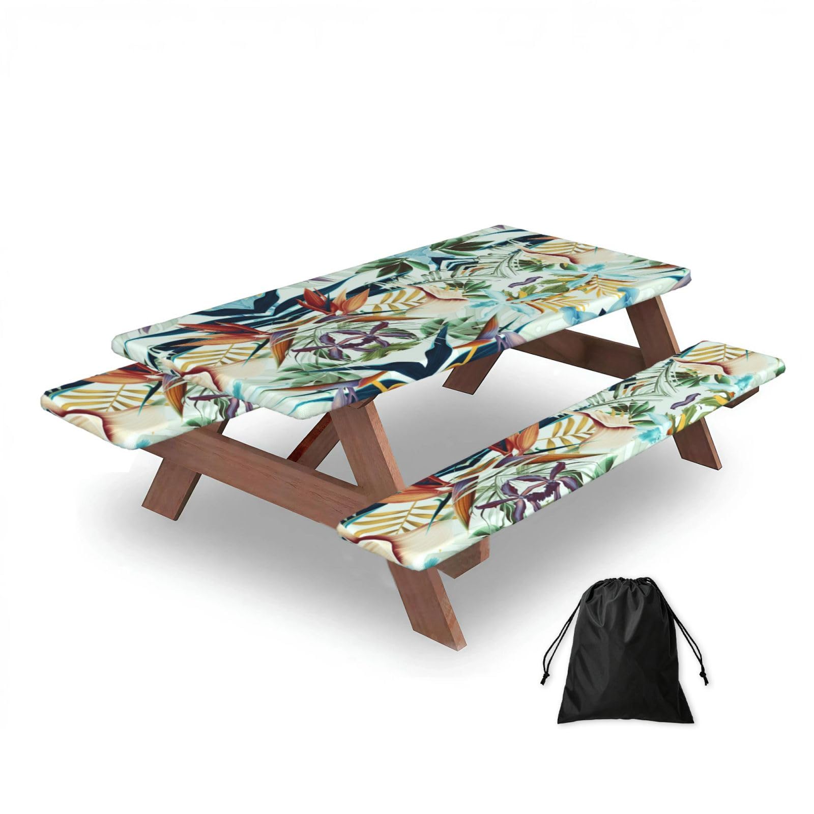 ESNAIUVCD Summer Tropical Leaves Print Picnic Table Cover With Bench Covers,Camping Essentials,Fitted Tablecloth Cover With Elastic Edge, For Indoor & Outdoor 3 Pcs