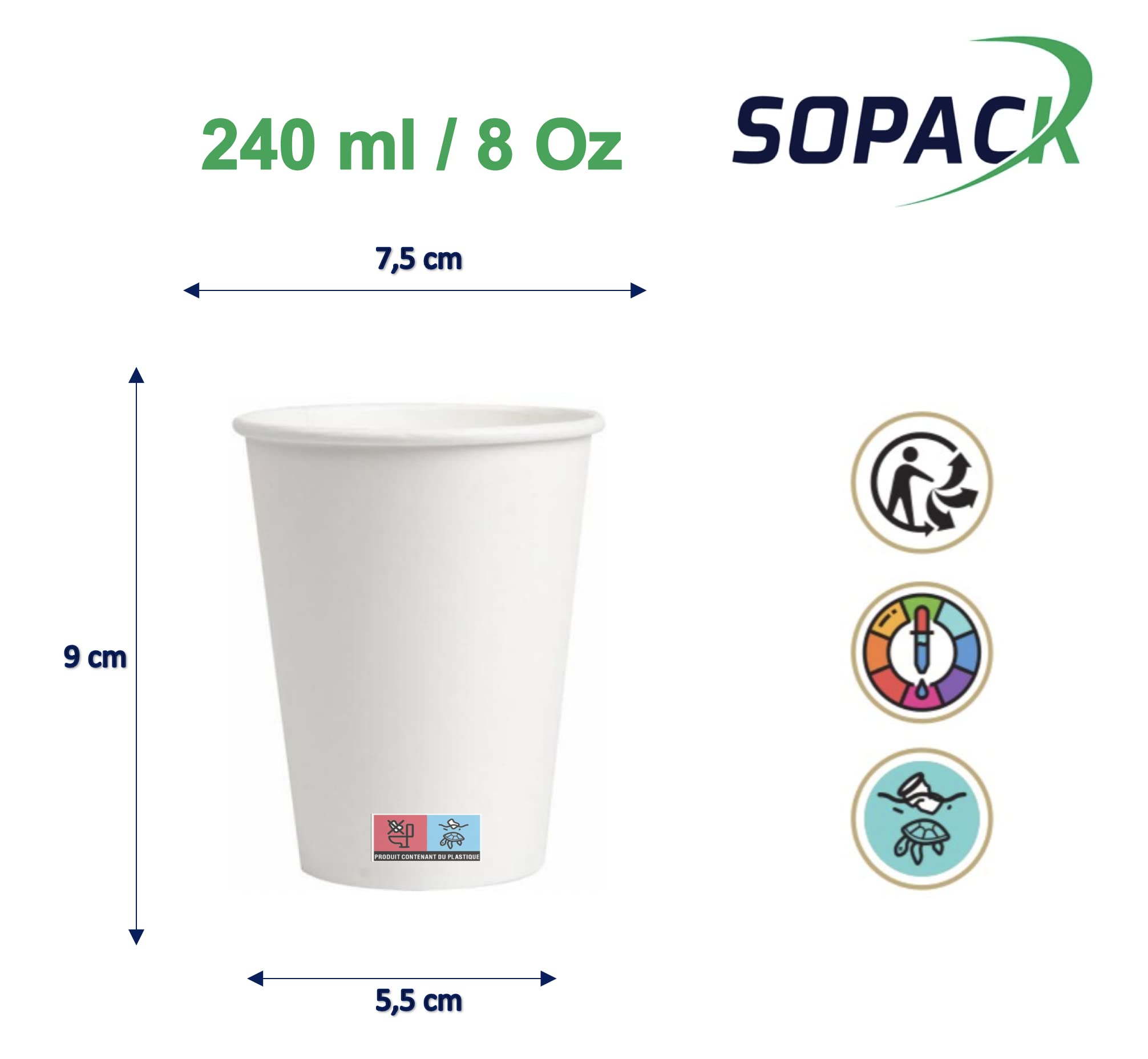Vertige Juego de 250 vasos desechables de papel biodegradable 240 ml (8 oz) para todas tus bebidas frías y calientes, café, refrescos, agua.
