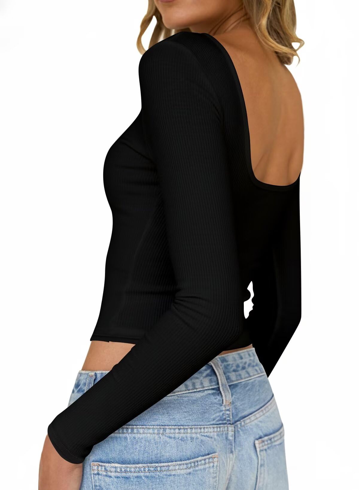 Long Sleeve Shirts for Women Sexy Backless Striped Tops Going Out T-Shirt Y2K Crop Womens Blouse Boat Neck Outfit