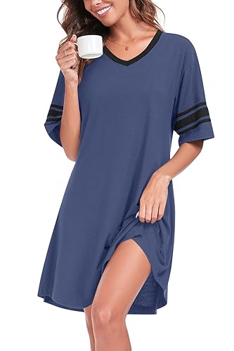 REGAI Womens Nightgowns Short Sleeve Sleepshirt Sleepwear Casual V Neck Sleep Dress Loungewear Nightshirts - Navy_blue - 3X-Large