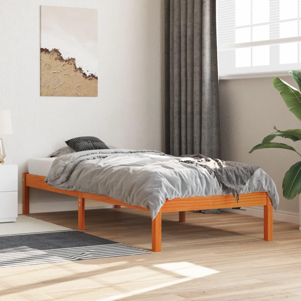vidaXL Pine Wood Single Bed Frame - Wax Brown Bedstead, Plywood Slats Support, Modern Design for Bedroom - 90x200 cm