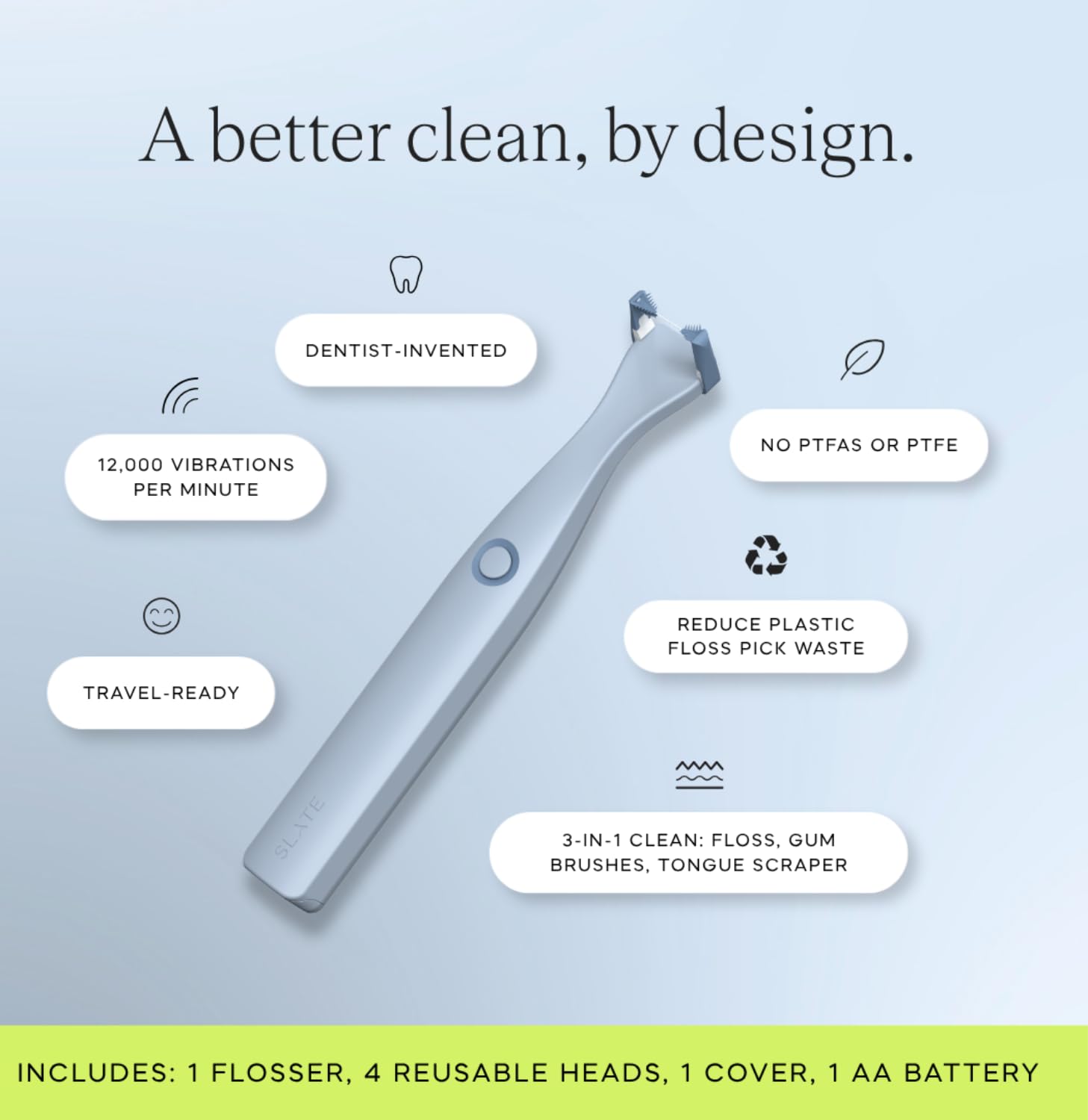 Slate Origin - Flosser elettrico 3 in 1, alimentato a batteria, inventato dal dentista, con testine riutilizzabili, spazzole per gengive e raschietto per lingua, 12.000 vibrazioni soniche, senza PFAS