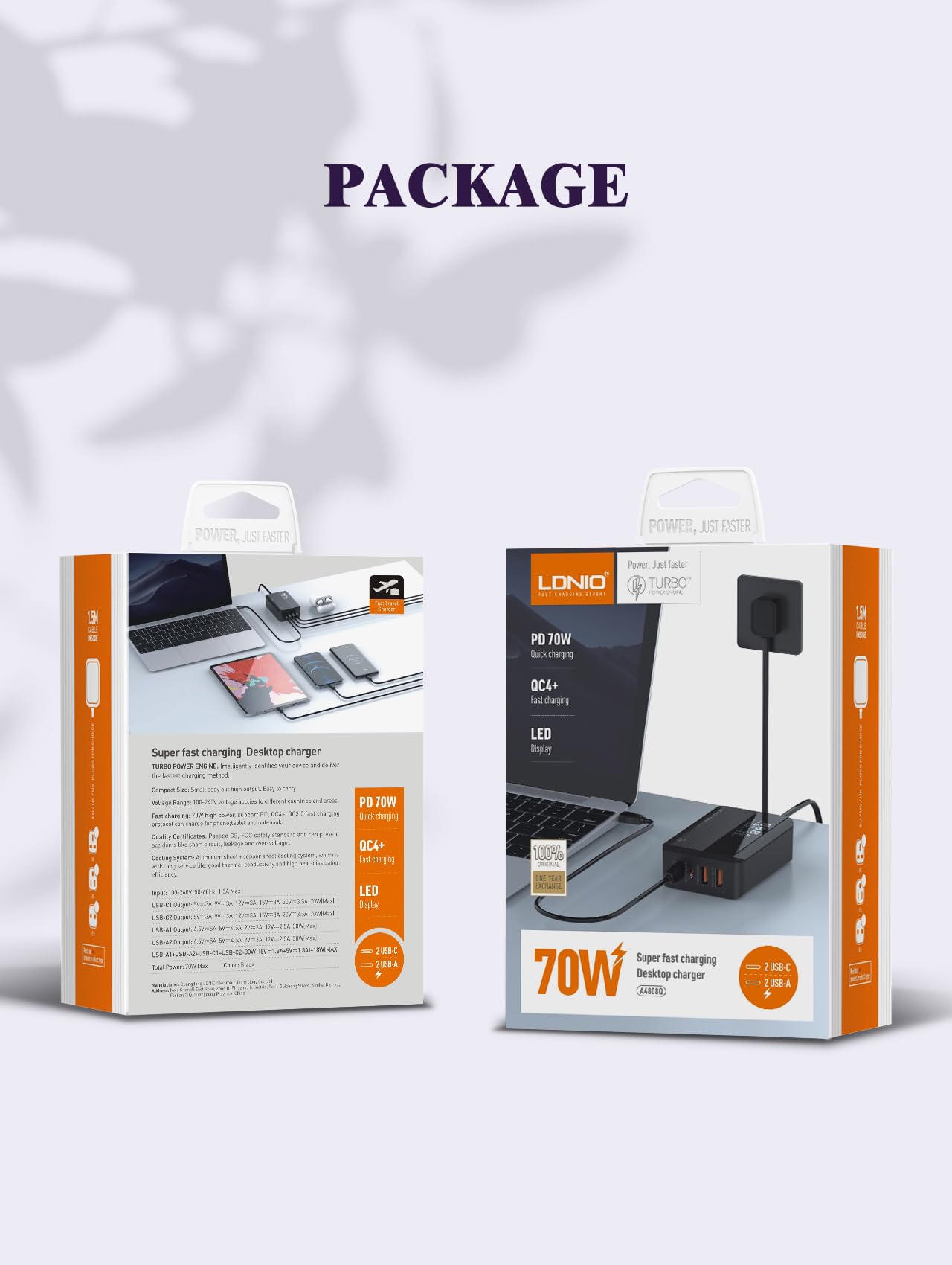 MANTO GaN Ładowarka USB C, 70 W, z wyświetlaczem LED, szybka ładowarka, 4 porty z 2 portami USB-C i 2 USB-A, zasilacz USB do laptopa, MacBooka Air, iPhone'a, iPada, Samsung, kompaktowa ładowarka