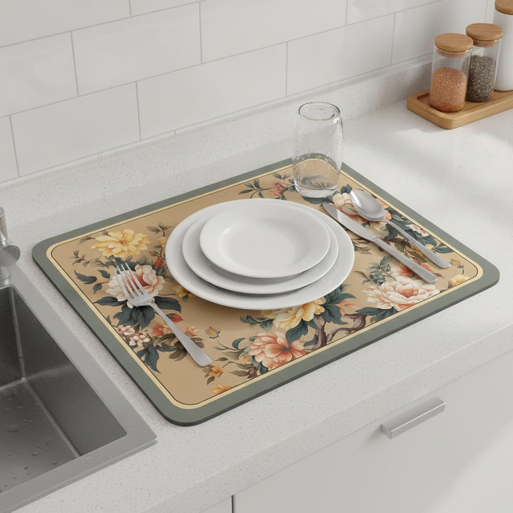 Tapis absorbant antidérapant cuisine , Fleurs & oiseaux-2 , 60x90cm