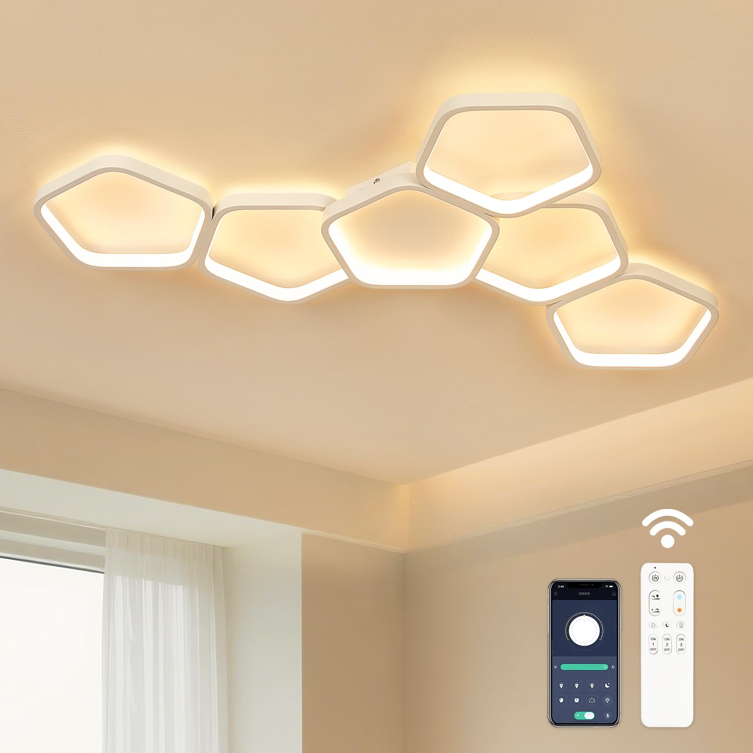 Plafonnier LED Moderne, 58W 3000K-6500K Lampe de Plafond Dimmable, 5 Anneaux Design Chambre Eclairage Luminaire Plafonnier avec Telecommande APP pour Salon Bureau Cuisine Couloir