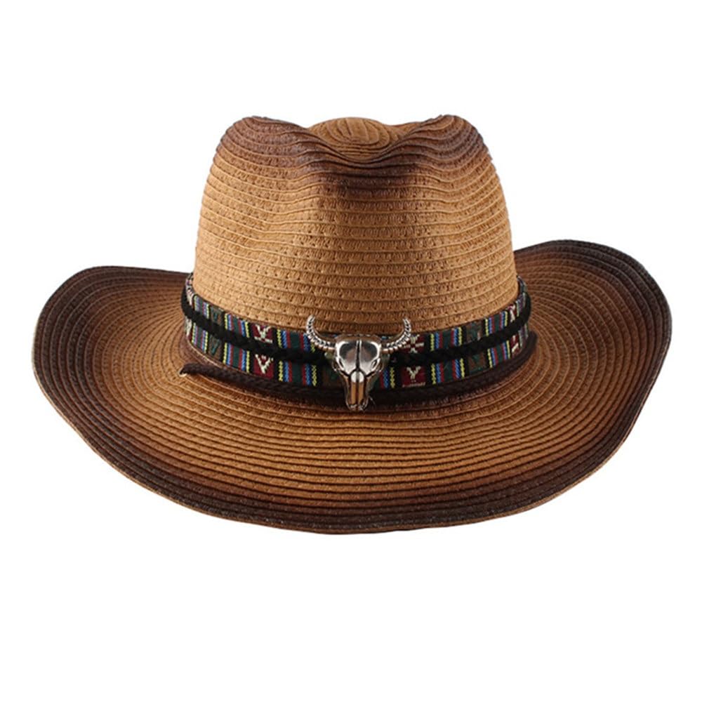 Cappello di Paglia da Uomo Cappello da Cowboy Occidentale a Tesa Larga alla Moda Cappello da Donna in Paglia con Parasole for la Primavera e L'Estate con Bordo Arrotolato