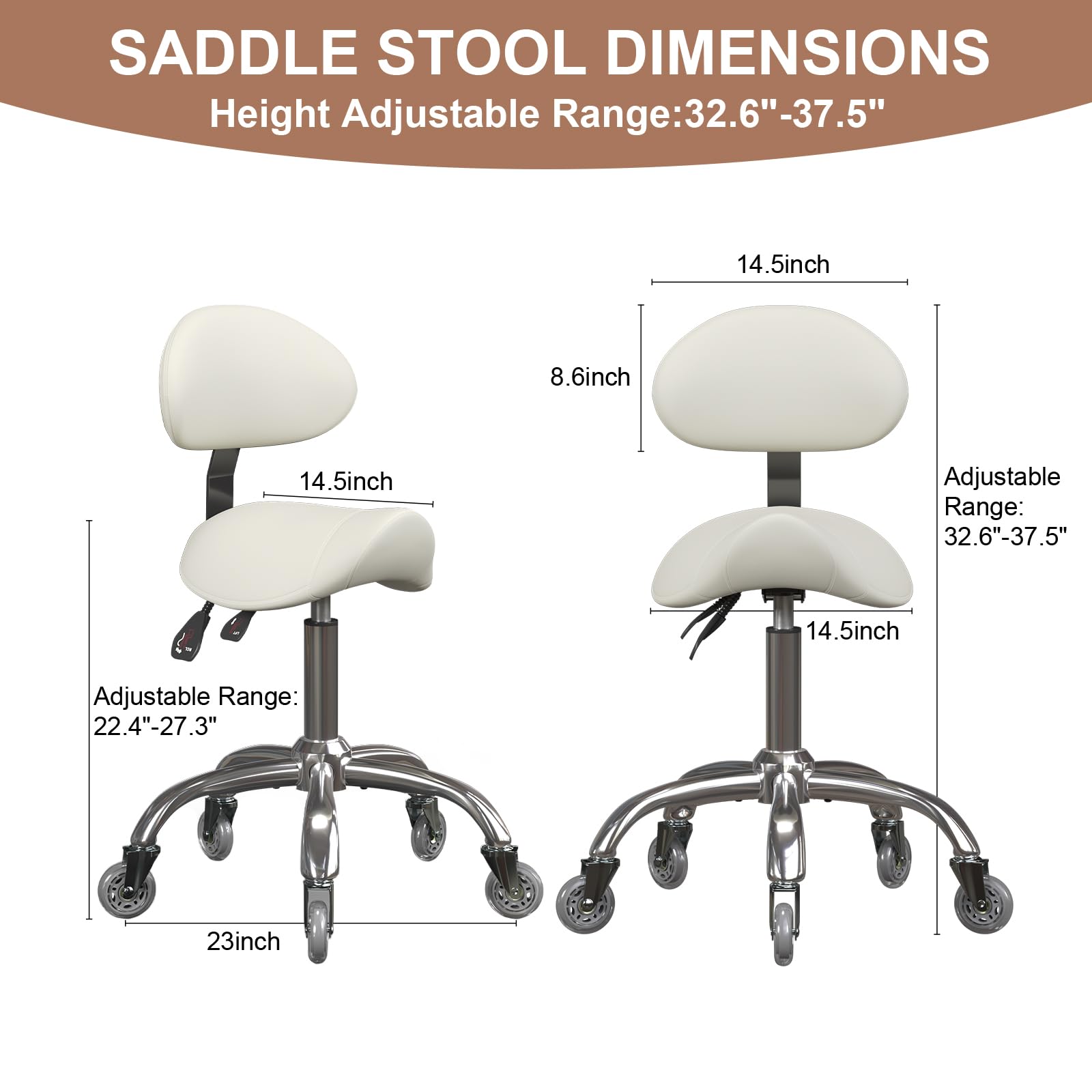 Adjustable PU Leather Rolling Saddle Stool with 360° Swivel