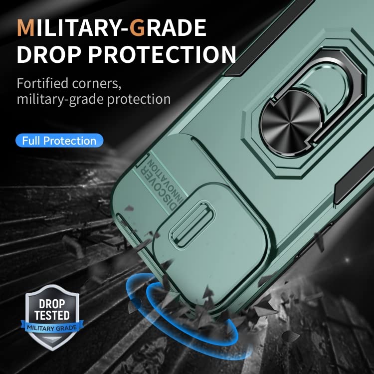Image of Polycarbonate Back Cover Case Compatible for Apple iPhone 14 Pro with Slide Camera Cover & Rotated Ring Stand | Military Grade Mobile Phone Cover Case for Apple iPhone 14 Pro (Green)