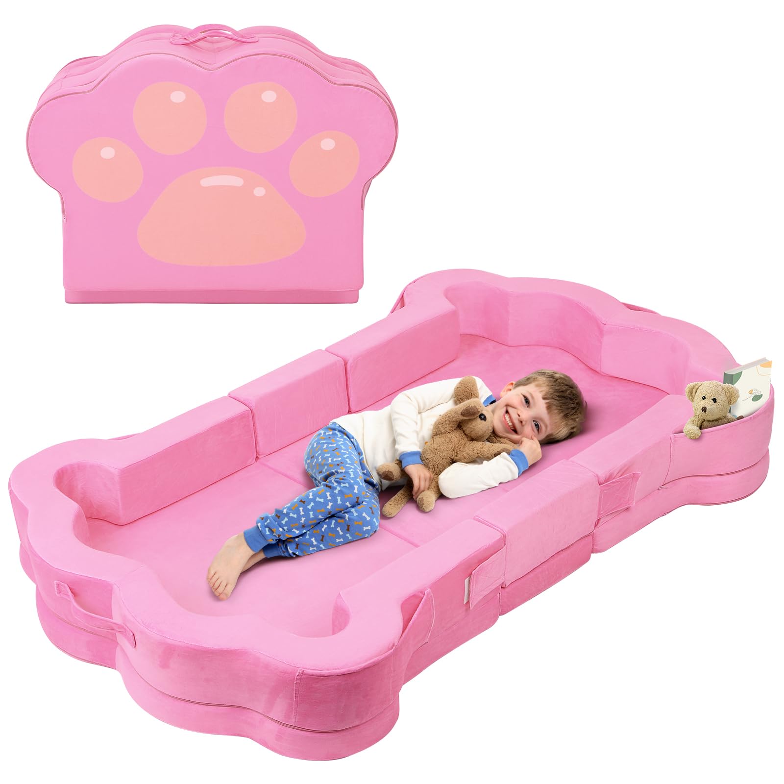Foldable Portable Toddler Travel Bed,Toddler Floor Bed with Washable Cover for Kids,Soft and Safe (Pink)