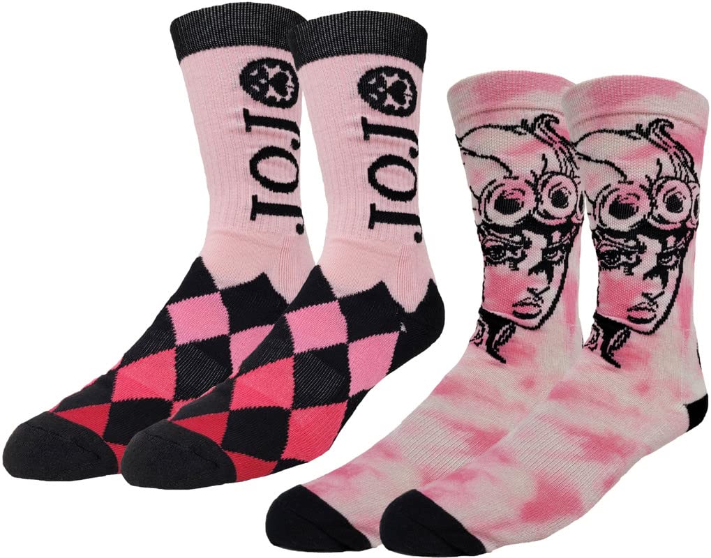Ripple JunctionJoJo's Bizarre Adventure Adult Crew Socks 2 Pack Giorno Pink Tie Dye and Argyle Officially Licensed