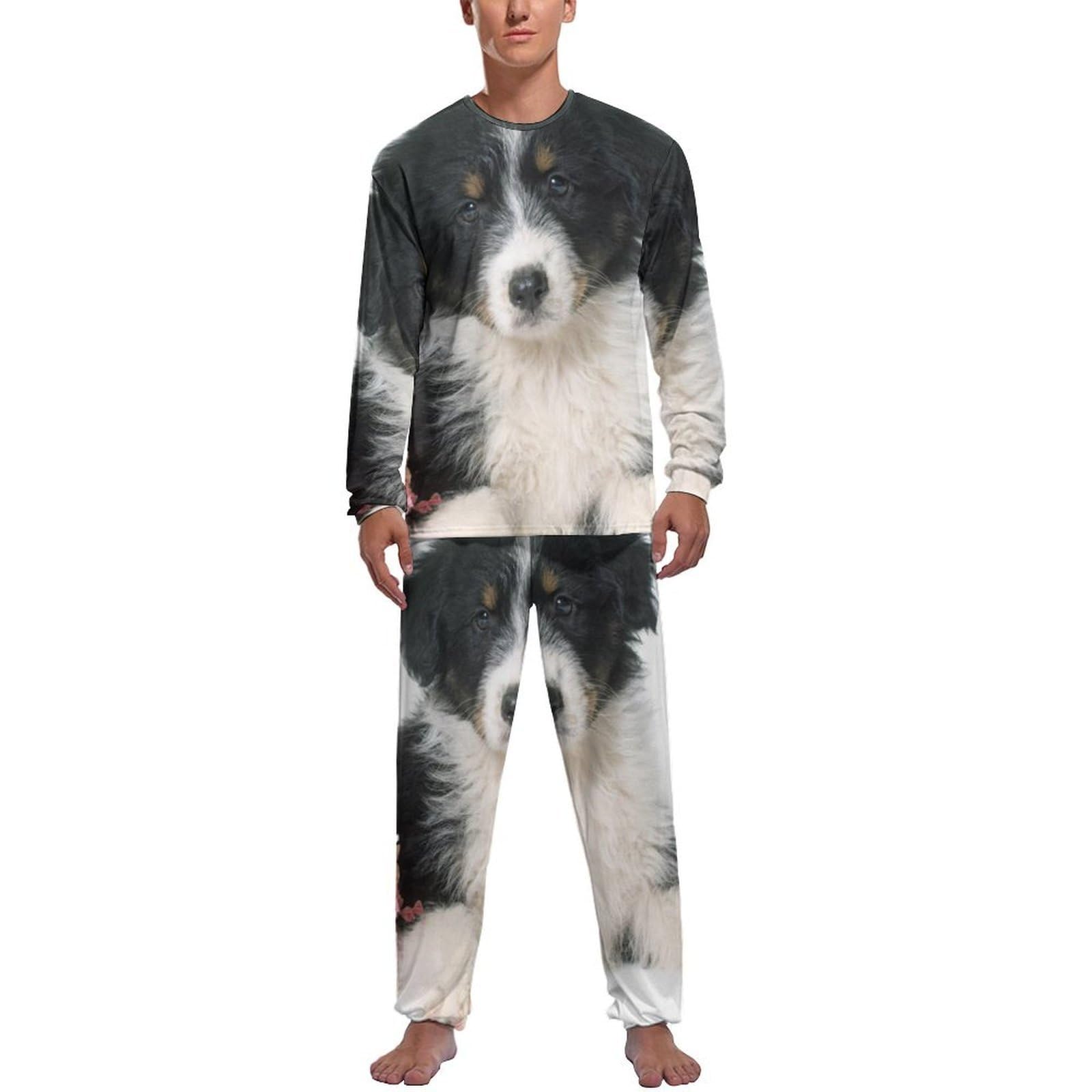 Vêtements de nuit homme Fleur Chien ensemble pyjama manche longue pantalon - 6
