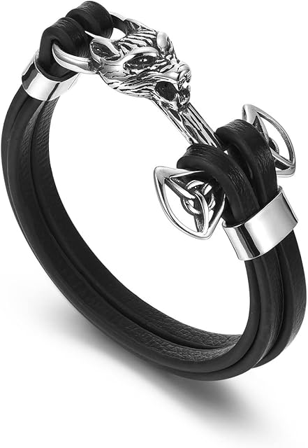 PiercingJak Mens Viking Wolf Head Thor's Hammer Mjolnir Bracelet Stainless Steel Celtic Knot Hammer Black Genuine Leather Bracelet Viking Wristband for Men