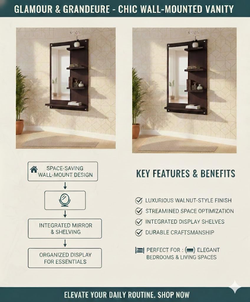 Captiver Blazza Small, Engineered Wood Wall Dressing Table Mirrors (50x11.7x70 cm, WENGE) Bathroom Home Organizer Living Room Washbasin Bedroom Furniture 2