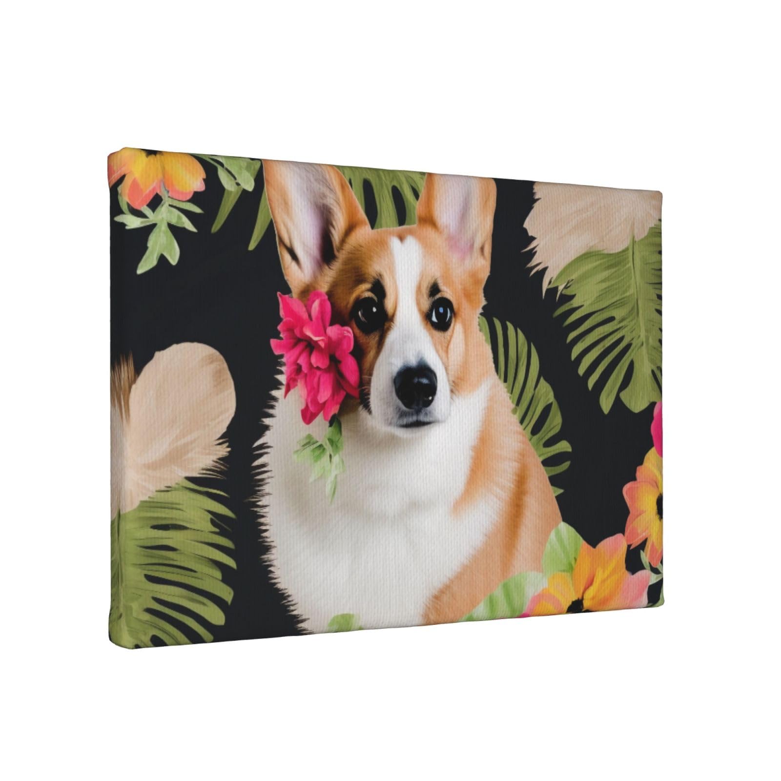 YKLJG tropical flower and corgi Printed Wall Art Canvas Painting 30x20 CM Wooden Framed Picture Painting Artwork Prints for Bedroom Kitchen Home Office Decor